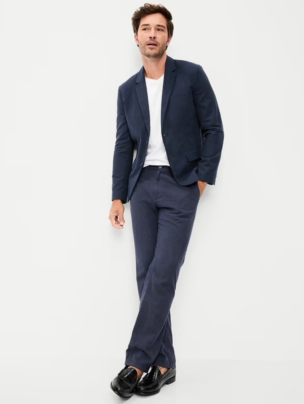 Old Navy Men's Navy 90s Linen-Blend Suit Blazer And Straight Dress Pants